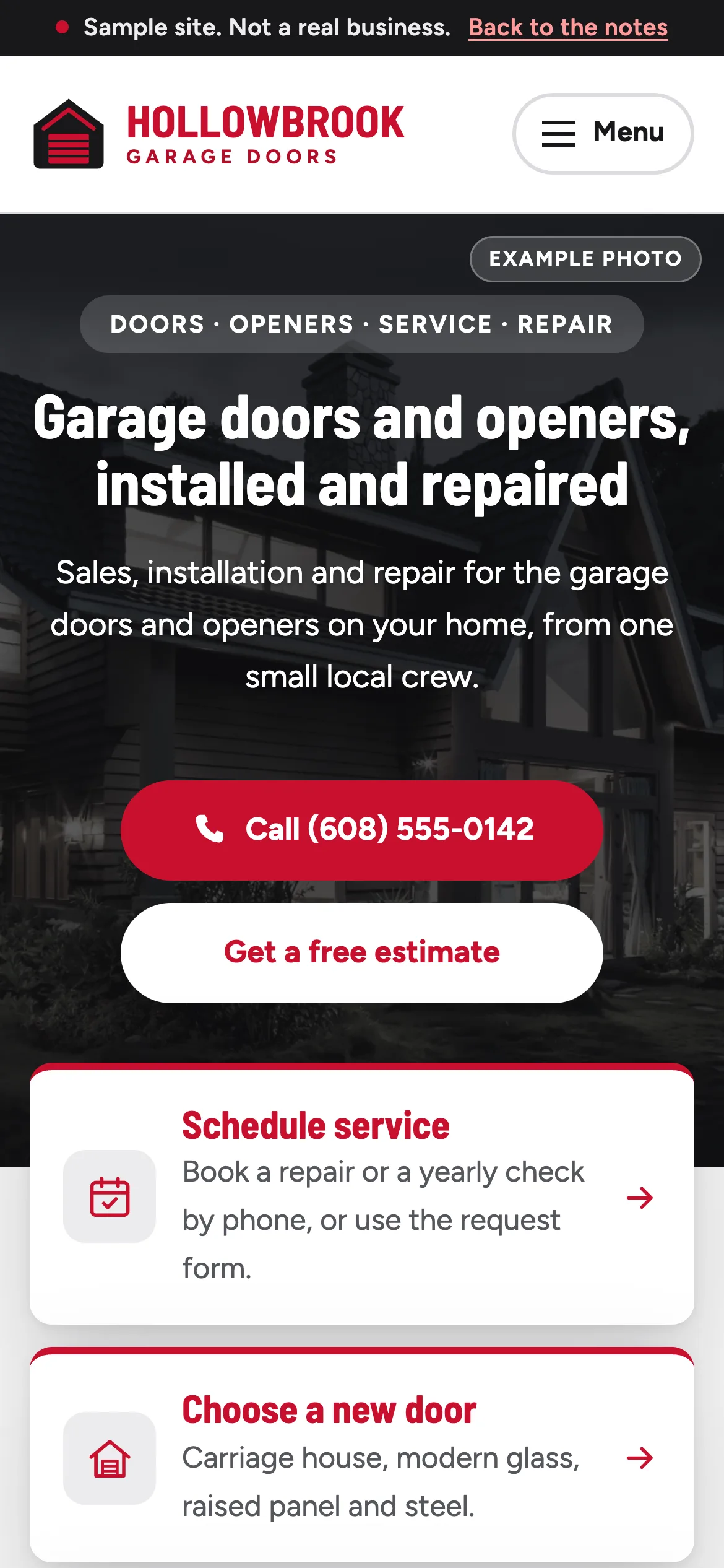The same sample page on a phone, with a big call button at the top.